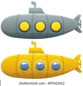 Cartoon submarine in 2 versions over white background. 
