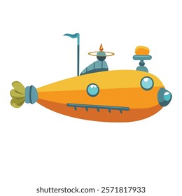 Cartoon submarine clip art, cute yellow submarine vector illustration, isolated on white background
