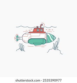 Um submarino de desenho animado com uma torre vermelha e um casco verde está nadando embaixo d'água.