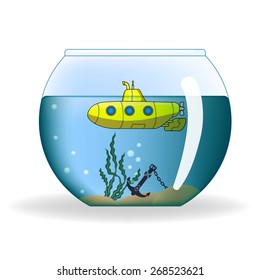 Cartoon submarine in round aquarium