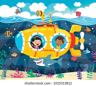 Cartoon Submarine Under The Sea