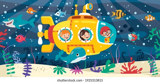 Cartoon Submarine Under The Sea