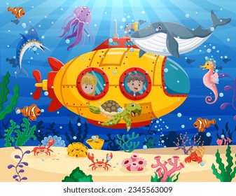 Submarino De Caricatura Bajo El Mar. Los niños pequeños e inquisitivos en un batiscaphe exploran el mundo submarino. Ilustración del vector