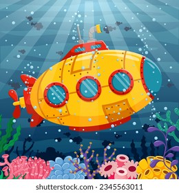 Cartoon Submarine Under The Sea. Vector illustration