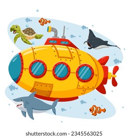 Submarino De Caricatura Bajo El Mar. Ilustración del vector