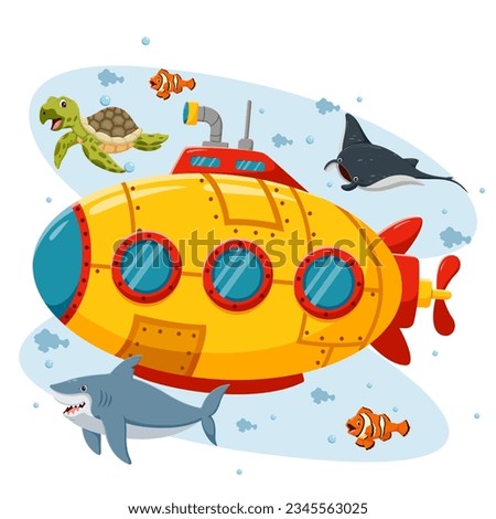 Cartoon Submarine Under The Sea. Vector illustration
