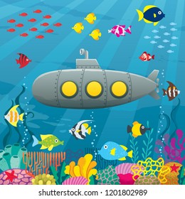 Cartoon submarine underwater landscape with coral reef and fish.