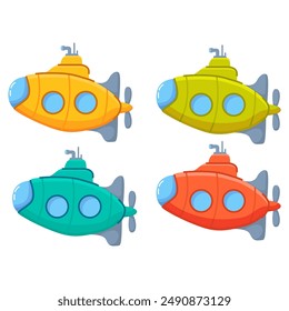 Cartoon submarines.Yellow submarine.Vector flat illustration.Isolated on white background.Toy boat.Bathyscaphe explore underwater world.Underwater boat ship. Cartoon underwater submarine periscope