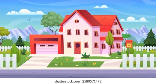 Cartoon suburban cottage. Countryside villa, american residential house exterior with front yard lawn driveway to garage, home facade dwelling places, swanky vector illustration original artwork