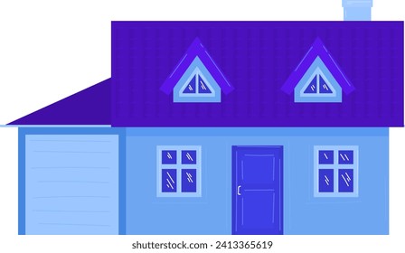 Cartoon suburban house with blue walls and purple roof, garage door. Home exterior design, family house vector illustration.