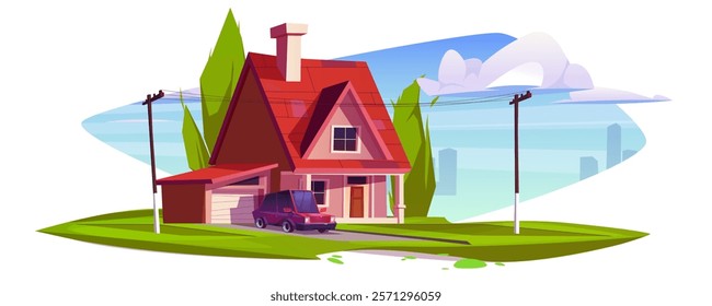 Cartoon suburban house with red roof, garage, parked car and green lawn landscape. Residential cottage exterior with power lines, distant skyscrapers silhouettes and bright sky for neighborhood design