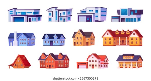 Cartoon suburban houses. American suburb house, modern cottage housing residential villa exterior home facade neighborhood living village buildings set, swanky vector illustration original artwork