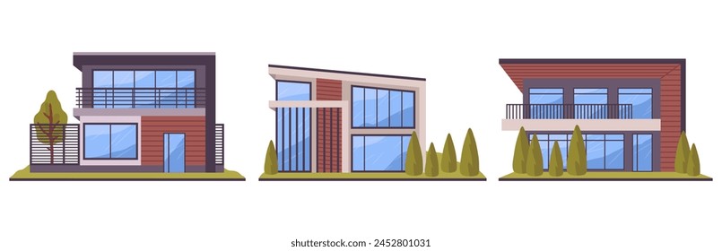 Cartoon suburban houses. Hand drawn modern residential villas, real estate buildings, contemporary country house flat vector illustration set. Contemporary urban houses