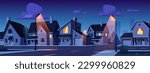 Cartoon suburban town street at night. Vector illustration of residential neighborhood with private houses, crossroad illuminated by lanterns, cozy yellow light in windows, starry midnight sky