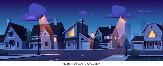 Cartoon suburban town street at night. Vector illustration of residential neighborhood with private houses, crossroad illuminated by lanterns, cozy yellow light in windows, starry midnight sky