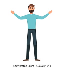 Cartoon Successful arab man in casual clothes stands with open arms. vector cartoon smiling boy dressed in with arms outstretched in a welcome gesture