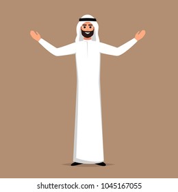 Cartoon Successful Arab man in white clothes stands with open arms. vector cartoon smiling Islamic businessman dressed in traditional clothes with arms outstretched in a welcome gesture