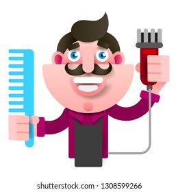 Cartoon Successful Hairdresser In An Apron With A Scissors In Hand. Young Stylish Hairdresser . Professional Fashion Stylist