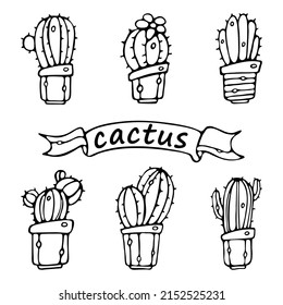 Cartoon Succulent Cactus Set in ceramic pots outline doodle Vector illustration engraved style isolated on white background.