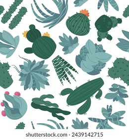 Dibujos animados suculento patrón. Estampado sin costuras con lindas flores de cactus, plantas exóticas florales del desierto en macetas, textura botánica mexicana. Ilustración de vector