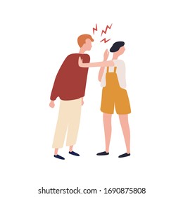 Cartoon suffer woman stopped angry man during conflict isolated on white background. Abuser colorful male shouting to fear female vector flat illustration. Quarrel of couple