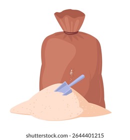 Cartoon sugar bag. Spilled sugar from textile sackcloth bag, agricultural sweet sugar package flat vector illustration. Sugar bag on white