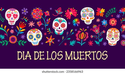 Cartoon sugar calavera skulls and tropical flowers. Dia de los muertos day of the dead mexican holiday banner. Vector greeting card with calaca heads and colorful blooms in traditional alebrije style