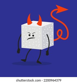 Cartoon sugar cube devil get angry. The concept of a character unhealthy and nutritional. Sweet food harms and threatens human health. Mascot with tails and horns dislikes sugar vector illustration.