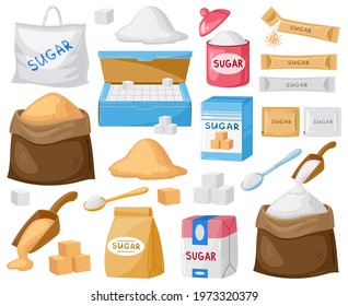 Cartoon sugar. Cube sugar, granulated and crystalline, sugar in canvas bags and carton packages vector illustration set. Sugar cartoon symbols. Food in bag, sweet ingredient cartoon