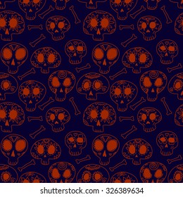 Cartoon sugar skulls (calaveras) in blue and orange, halloween or day of the dead seamless pattern, vector