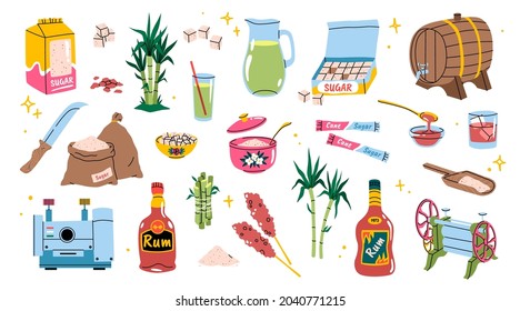 Cartoon sugarcane. Bamboo agriculture products. Sugar and rum manufacturing. Tropical cane plants with leaves and stems. Refined sweet pieces. Vector sweetener production elements set