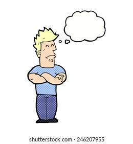caricatura enfurruñando al hombre con burbuja de pensamiento