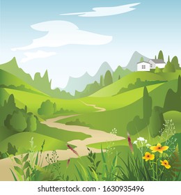 Cartoon summer abstract landscape with green fields, trees and house, beautiful rural nature.  Vector Illustration.