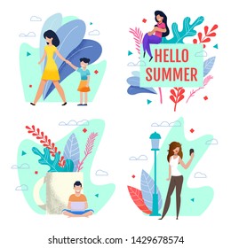 Cartoon Summer Activities and Recreation Cards Set. People Walking in Park, Taking Selfie, Working on Laptop, Chatting Social Network. Summertime and Vacation Theme. Vector Flat Illustration