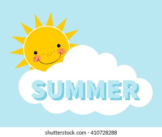 Cartoon summer background. Sun. Cloud. Design concept with happy smiley sun. Sun hiding behind cloud over blue background