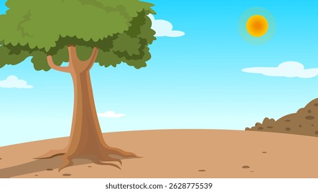 Cartoon Summer Background Vector, Dry Land Background, Sun, Tree, Hot, Summer Background Illustration