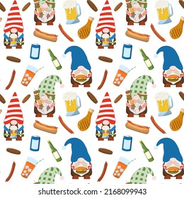 Cartoon summer barbecue gnomes with grilled food and drinks seamless pattern. Isolated on white background. Summer weekend party holiday design.