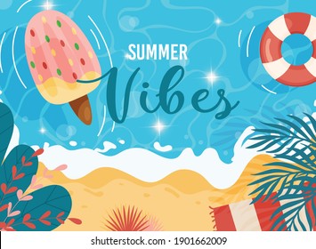 Cartoon Summer Beach Background. With Ice Cream Float, Sea Stars And Palms. Vector Illustration