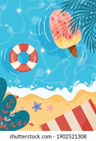 Cartoon summer beach background. with ice cream float, sea stars and palms. vector illustration