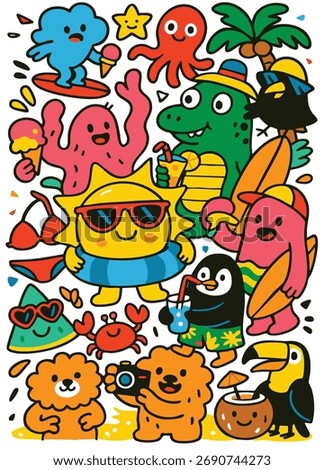 A cartoon summer beach fun character, sun, animal, surfing, ice cream, tropical, happy