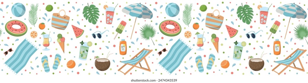 Cartoon summer beach holiday elements seamless border on white background. Great for wallpaper, print. Isolated on white background.