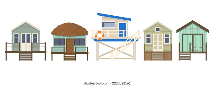 Cartoon summer beach huts, beach houses. Bungalow beach summer vacation huts, marine sandy buildings flat vector illustration on white background