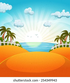 Cartoon Summer Beach Landscape/ Illustration of a cartoon summer ocean beach landscape with palm trees and sun shining