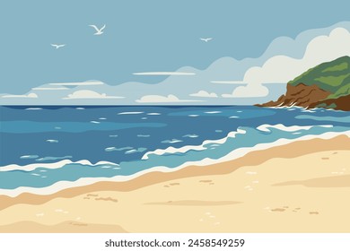 Cartoon summer beach. Landscape with sea coast, sand beach, sky and rocks. Horizontal seaside with sandy ocean shore and clouds on horizon. Seashore panoramic view. Flat vector background illustration