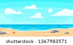 Cartoon summer beach. Paradise nature vacation, ocean or sea seashore. Seaside landscape, tropical beach relax or seaside landscape. Vector background illustration