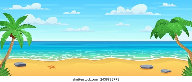 Cartoon summer beach. Paradise nature vacation, ocean or sea seashore. Sea beach landscape. ocean view horizontal panorama with palm trees on the sides. Vector illustration in flat style