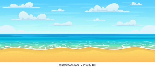 Cartoon summer beach. Paradise nature vacation, ocean or sea seashore. Sea beach landscape. Cartoon summer sunny day, ocean view horizontal panorama. Vector illustration in flat style