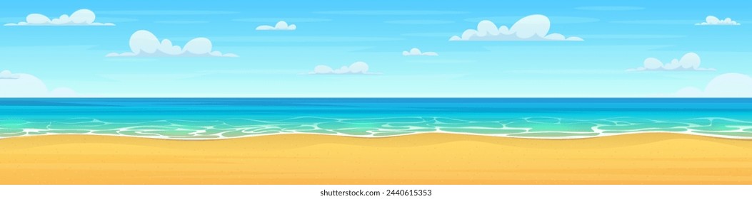 Caricatura de la playa de verano. Paraíso de vacaciones en la naturaleza, mar o mar. Paisaje de playa de mar. Caricatura verano día soleado, vista al océano panorama horizontal. Ilustración vectorial en estilo plano