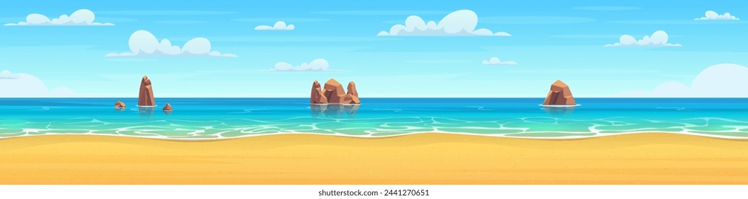 Cartoon summer beach. Paradise nature vacation, ocean or sea seashore. Sea beach landscape. Sea landscape with stones in water and clouds in blue sky. Vector illustration in flat style