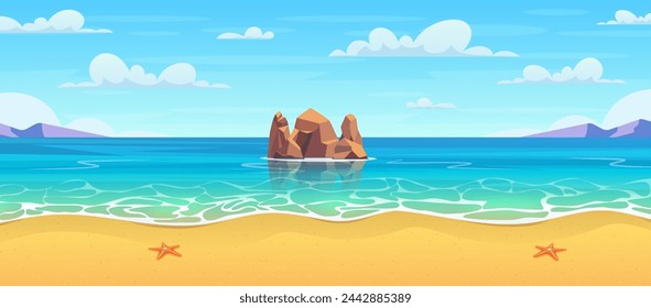 Caricatura de la playa de verano. Paraíso de vacaciones en la naturaleza, mar o mar. Paisaje de playa de mar. Paisaje marino con piedras en agua y nubes en cielo azul. Ilustración vectorial en estilo plano